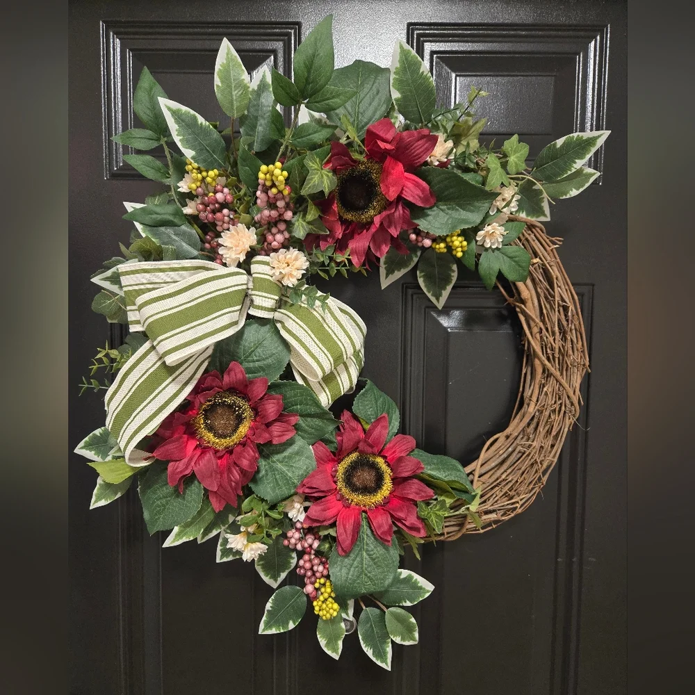 Burgundy Sunflowers And Mums Grapevine Wreath